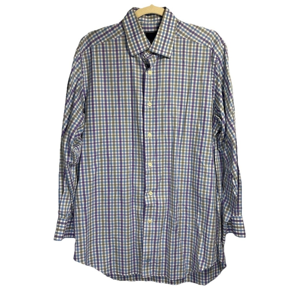 David Donahue Dress Shirt Men's‎ 16 32/33 Purple Blue Gingham Check Button Up